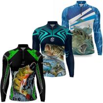 Kit 3 Camisa Pesca Masculina Camiseta Pescaria Blue Fish e River Manga Longa Protecao Solar UV50 - Efect