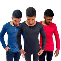 Kit 3 Camisas Henley Masculina Slim Algodão Com Elastano Malha Premium Gola Portuguesa
