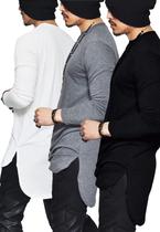 Kit 3 Camisas Longlines Blur Básicas Manga Longa 100% Algodão Branca, Preta e Grafite Kit 3 Camisas Longlines Blur Básicas Manga Longa 100% Algodão Branca, Preta e Grafite