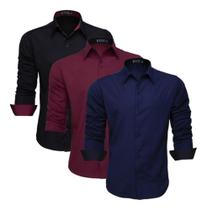 Kit 3 Camisas Masculina Manga Longa Social Slim Blusa Barata (PRETA - MARSALA - AZUL MARINHO)