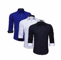 Kit 3 Camisas Masculina Manga Longa Social Slim Blusa Luxo (AZUL ROYAL - BRANCO - PRETO) Kit 3 Camisas Masculina Manga Longa Social Slim Blusa Luxo (AZUL ROYAL - BRANCO - PRETO)