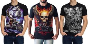 Kit 3 Camisas Moto Motoqueiro Skull Camiseta Masculina
