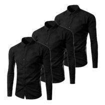 Kit 3 Camisas Social Lisa Masculina Manga Longa Diversas Cores