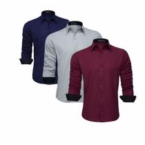 Kit 3 Camisas Social Masculina Blusa Slim Manga Longa Lisa (Azul Marinho - Cinza - Marsala)