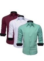 Kit 3 Camisas Social Masculina Blusa Slim Manga Longa Luxo (Verde, Branca, Marsala)