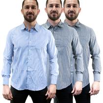 Kit 3 Camisas Social Masculina Listrada Manga Longa Camisaria Colombo