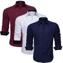 Kit 3 Camisas Social Masculina Manga Longa Slim Moderno M14-50