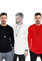 Kit 3 Camisas Sunshine Longline Masculina Preta, Branca e Vermelha 100% Algodão