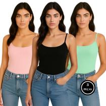 Kit 3 Camiseta Canelada Blusa Alcinha Regata - c8 KIT 3 KISSILA PRETO ROSA VERDE