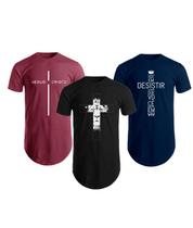 Kit 3 Camiseta Estampada Cruz Masculina Camisas Long Line Swag Blusa Algodão Básica Oversize Thirt Gospel Cristã Evangélica Presente Casual Academia - Éved