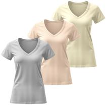 Kit 3 Camiseta Feminina Blusas Elegantes Algodão Gola V Manga Curta