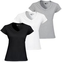 Kit 3 Camiseta Feminina Blusas Elegantes Algodão Gola V Manga Curta