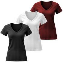 Kit 3 Camiseta Feminina Blusas Elegantes Algodão Gola V Manga Curta