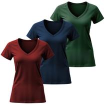 Kit 3 Camiseta Feminina Blusas Elegantes Algodão Gola V Manga Curta