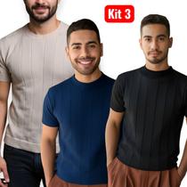 Kit 3 Camiseta masculina Camisa Social Malha Contraste Tricô de malha Manga Curta Regular