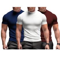 Kit 3 Camiseta Masculina Slim Canelada Gola Alta Manga Curta