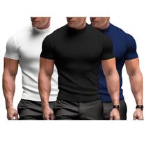 Kit 3 Camiseta Masculina Slim Canelada Gola Alta Manga Curta - DIAMANTE VERDE