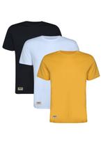 Kit 3 Camisetas Basicas Preto, Branco e Amarelo Masculina 100% Algodão