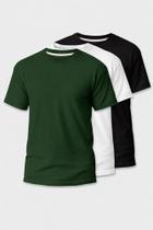 Kit 3 Camisetas Basicas Unissex 100% Algodão Gola Redonda Reforçada Verde Musgo Preta e Branca