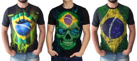 Kit 3 Camisetas Camisas Masculinas Bandeira do Brasil Democracia Skull Caveira Adulto Unissex - Hella Store