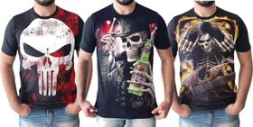 Kit 3 Camisetas Camisas Masculinas Skull Caveiras Justiceiro Rock Moto Series Algodao - Hella Store