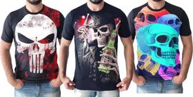 Kit 3 Camisetas Camisas Masculinas Skull Caveiras Rock Moto Series Algodao