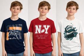 Kit 3 camisetas estampada gola redonda manga curta infantil 10 ao 16 cores variadas. Kit 3 camisetas estampada gola redonda manga curta infantil 10 ao 16 cores variadas.