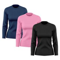 Kit 3 Camisetas Feminina Manga Longa Dry Fit Básica Lisa Proteção Solar UV Térmica Blusa Academia Esporte Praia