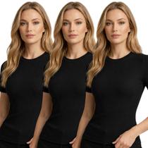 Kit 3 Camisetas Feminina Slim Fit Canelada Ribana Blusa Básica Casual Confortável