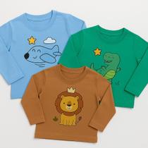 KIT 3 Camisetas Manga Longa Estampada 100% Algodão Menino/Menina