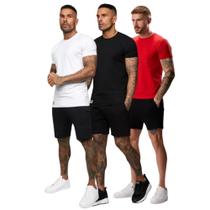 Kit 3 Camisetas Masculina Slim em Algodão Vermelha, Preta e Branca