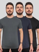 Kit 3 Camisetas Masculinas Básicas 100% Algodão ConfortávelLinhaPremium Preto Azul Marinho e Cinza