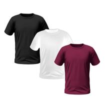 Kit 3 Camisetas Masculinas Manga Curta Lisa Premium (Preto/Branco/Vinho)