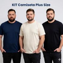 Kit 3 Camisetas Plus Size Masculinas Básicas 100 Algodão Azul, Preto e Off White Tamanhos G1 ao G5