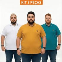 Kit 3 Camisetas Polo Premium Plus Size Algodão G1 Ao G3 Lisa - Kit 3 Camisetas Polo Premium Plus Size Algodão G1 Ao G3 Lisa -