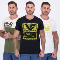 Kit 3 Camisetas Vibe Branca Preta e Bege e Verde