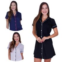 Kit 3 Camisola Americana Botões Amamentação -c12 KIT 3 BLOGUEIRA MARINHO CINZA PRETO