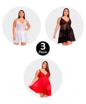 Kit 3 Camisola IMI Lingerie Sem Bojo Em Tule E Renda Com Calcinha Plus Size Aurora