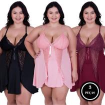 Kit 3 Camisola Plus Size Detahe de Renda Bia BORDÔ, ROSÊ E PRETO