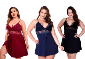 Kit 3 Camisola Plus Size Feminina Sensual Sem Bojo Com Renda Lisa Linha Noite - QUALIBELLA LINGERIE