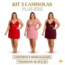 Kit 3 Camisola Plus Size Feminina Sensual Sem Bojo Com Renda Lisa Linha Noite