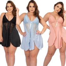 KIT 3 Camisola Plus Size Renda Vekyo Abertura Soltinha Lingerie Roupa Para Dormir Linha Noite
