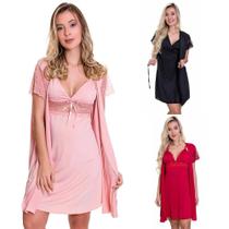 KIT 3 Camisolas Amamentação Gestante com Robe Rosa + Vermelha + Preta Moda de Baixo - ES206-207-V58