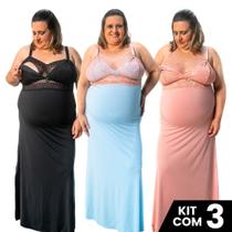 Kit 3 Camisolas Amamentação Longa Recorte Lateral Gestante Pós-Parto Plus