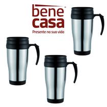 Kit 3 Canecas Térmica com Tampa e Alça Viagem Aço Inox 400ml