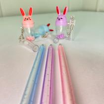 Kit 3 canetas chaveiro copinho de coelhinho com glitter criativa papelaria fofa