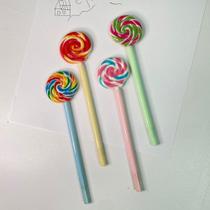 Kit 3 canetas formato de pirulito fofas coloridas papelaria divertida