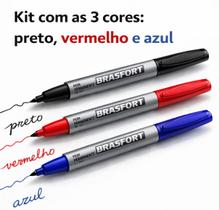 Kit 3 Canetas Marcador Permanente Brasfort Azul Preto Vermelho Ponta Resistente Alta Fixação