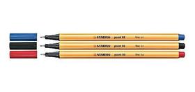 Kit 3 Canetas Stabilo Pen Brush Pen 88 Preta/Azul/Vermeha