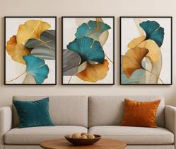 Kit 3 Canvas Flores Modernas Azul Com Dourado-Mold.Preta Tamanho:90x60cm Kit 3 Canvas Flores Modernas Azul Com Dourado-Mold.Preta Tamanho:90x60cm